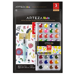 Arteza Kids Watercolor Kit, Set of 36 Vibrant Color Cakes, 1 Water Brush Pen and 1 Watercolor Pad