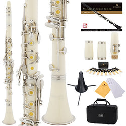 Mendini by Cecilio B Flat Beginner Student Clarinet with 2 Barrels, Case, Stand, Book, 10 Reeds, Mouthpiece and Warranty (White)