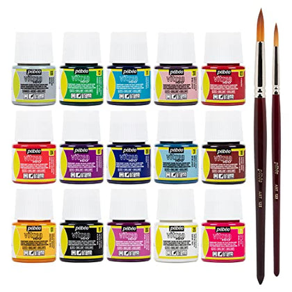ZMR ,Pebeo Vitrea 160 Gloss Paint ,Brilliant - Made in France -Set Each Package Discovery 15 Various 1.5 fl oz 2 Pieces Pebeo Taklon Synthetic Bristle Brush Water Based Non Toksic, (ZHKZ 8893)