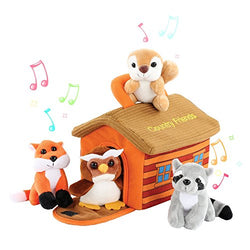 KLEEGER Cute Plush Woodland Animals Toy Set For Kids With Carrier | Adorable & Fluffy Stuffed Owl, Raccoon, Fox & Squirrel Toys With Sounds (Country Friends)