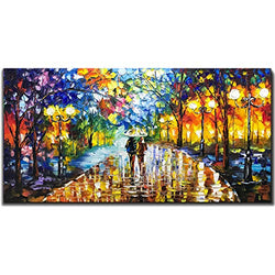 V-inspire Art, 24X48 inch Modern Abstract Canvas Oil Paintings Wall Art Rain Night Street View Hand Painted Acrylic Art Wood Frame Painting Living Room Bedroom Office Decoration Ready for Hanging