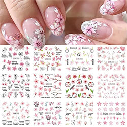 Flower Nail Stickers Cherry Blossoms Water Transfer Nail Decals Pink Floral Petals Sakura Exquisite Design Nail Art Stickers Spring Summer Nail Decorations Nail Art Accessories 12 Sheets