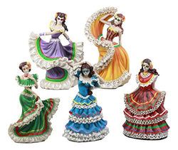 Ebros Set of 5 Day of The Dead Colorful Gowns Traditional Dancer Statues Sugar Skull Vivas