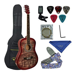 Bailando 38 Inch Acoustic Guitar Starter Kit, Dreadnought Mahogany Body, 6 Steel Strings, Redburst