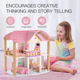 ROBUD Dollhouse Wooden Dream House for Girls Pretend Playset Pink House with Furniture DIY Creative Gifts for Toddlers