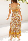 ZESICA Women's 2023 Summer Boho Floral Print Square Neck Ruffle Swing Beach Long Maxi Dress,Yellow,Medium