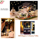 TOYROOM DIY Miniature Dollhouse Wooden Furniture Kit French Romantic Monet Garden Flower 3-Storey Villa DIY House Room Assembly Doll House Building Kit Birthday Gifts for Adults Girls with Dust Cover