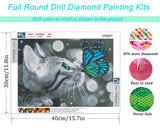 HSENJT Diamond DIY Painting Kits Cat,Butterfly Diamond Art Craft for Adults Kids,5d Painting by Diamonds Kits Full Round Drill for Wall Decor Gift 16x12 Inch