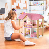 ROBUD Dollhouse Wooden Dream House for Girls Pretend Playset Pink House with Furniture DIY Creative Gifts for Toddlers