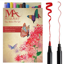 MozArt Supplies Dual Tip Brush Pen Marker Set - 12 Colors - Flexible Brush & Fineliner Tips -