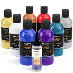Nicpro 8 Colors 8.45oz Metallic Acrylic Pour Paint Supplies Kit, Large Volume Premixed High Flow Acrylic Pouring Paint Set Including Silicone Pouring Oil, Gloves for Beginner DIY on Canvas, Rocks Wood