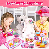 34PCS Kids Tea Party Set for Little Girls, Princess Pretend Play Toy Tin Tea Set, Dessert Teapot Dishes Playset, Flower Hat & Purse, Jewelry Sets, Birthday Gift Toys for Girls Toddlers Kids Ages 3+