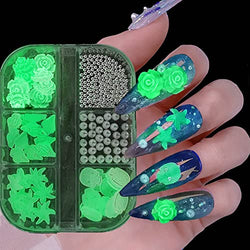 Flowers Nail Charms, 3D Luminous Nail Decals Nail Art Supplies Luminous Camellia Rose Starfish Skull Glow in The Dark Nail Art Design Acrylic Nails Pearl DIY Manicure Tips Decoration 6 Grids