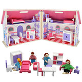 Beverly Hills Wooden Fold and Go Dollhouse with Furniture and Family Doll Figures - Fully Furnished Kitchen, Living Room, Bedroom, Bathroom Accessories, Foldable (20 Pieces)