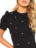 Romwe Women's Elegant Pearl Embellished Puff Short Sleeve Blouse Tops Black Large