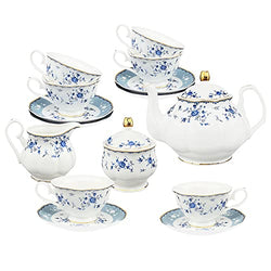 fanquare 21 Piece Floral Porcelain Tea Set, British Tea Cup and Saucer Set for 6, Tea Party Set for Women, Blue Roses
