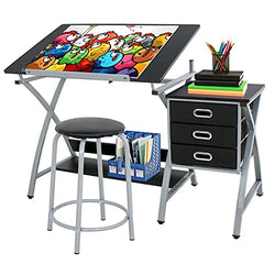 ZENY Drafting Table and Stool Set Tabletop Tilted Drawing Table Drafting Desk w/Drawers Artists Workstation, Art Craft Supplies