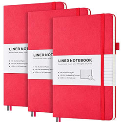 Lined Journal Notebook, 3 Pack Hardcover Notebook with Numbered Pages and Index Content, 2 Inner Pockets, 2 Ribbon Bookmarks, 100 GSM Thick Paper A5 Ruled Journal, Red