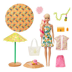 Barbie Color Reveal Foam! Doll & Pet Friend with 25 Surprises: Scented Bubble Solution, Outfits, Hair Extension, Kid Bracelet & Charm Hidden in Sand; Sunny Pineapple-Theme; for Kids 3 Years & Up