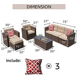 Super Patio 7 Pieces Patio Furniture Set, Outdoor Sectional Rattan Sofa Set, All Weather Wicker Conversation Couch Set with Beige Seat and Back Cushions, Red Throw Pillows, Espresso Brown