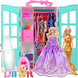 iBayda 106 Pcs Doll Closet Wardrobe Set for 11.5 Inch Girl Doll Clothes and Accessories Include Wardrobe, Suitcase, Mirror,Outfits, Dress, Shoes, Hangers, Handbags, Necklace, Crown and Dog (Blue)