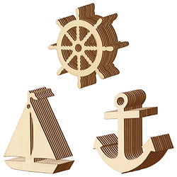 Wooden Anchor for Crafts Unfinished Wood Anchor Cutouts Sailboat Wheel Nautical Decor Wood Paint Crafts for Kid DIY Hanging Ornaments with Rope for Party Home Decoration, 3 Styles (60 Pieces)