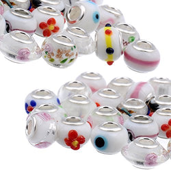 RUBYCA Mix White Murano Lampwork Glass Bead Rondelle European Charm Bracelet Silver Color 30pcs