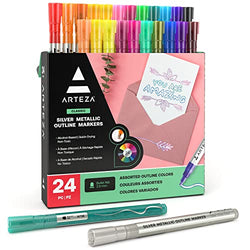 Arteza Double Outline Markers, 24 Colors, Silver Alcohol Markers, Create Metallic Lines with Vivid Color Outlines, Work on Cards, Paper, and Canvas