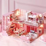 GLOGLOW DIY Dollhouse Kit, Miniature 3D Pink Girl Wooden Loft Assembling Doll House with LED Light for Kids Boys Girls Home Decor Birthday