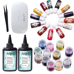 200ML Crystal Clear Transparent UV Epoxy Resin with 13 Liquid Color Dyes Pigment 12 Glitter Sequins with Compact Mini UV Lamp + Curved Pointed Tweezers, Jewelry Making Resin Crafts Kit
