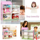 TOYROOM Wooden Dollhouse with Furniture Accessories 3 Storey 5 Rooms Balcony Large Villa Doll House Pretend Play Set Doll Playhouse Cottage Birthday Gift for Toddler Kids Girls Boys