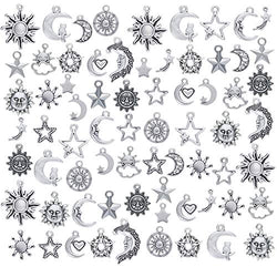 70 Pieces Charm Collections Antique Silver Pendant Charms Jewelry Crafting Supplies for DIY Necklace Bracelet (Moon Sun Stars Charms)