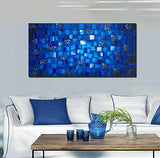 Thick Textured Abstract Squares Canvas Wall Art Hand Painted Artwork Modern Dark Blue add Silver Oil Painting for Home Decor Framed Ready to Hang 48x24inch