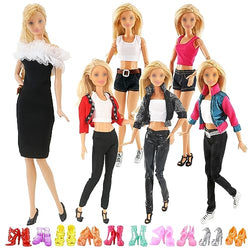 16 PCS Handmade Doll Clothes and Accessories for 11.5 Inch Girl Dolls Including 6 Casual Wear Outfits ( 3 Coat 5 Tops 5 Pants 1 Dress) and 10 Pair of Shoes in Random Birthday
