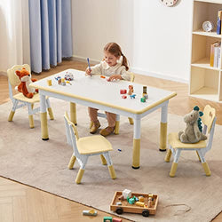DOREROOM Toddler Table and Chairs Set for 4, 49''L x 25''W Kids Study Table and Chair Set, Height-Adjustable Scrubtable Desktop Child's Table for Daycare, Classroom, Home, Light Yellow