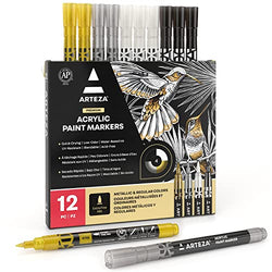 Arteza Acrylic Paint Markers, Set of 12 Metallic Marker Pens, 3 Gold, 3 Silver, 3 Black, 3 White, Extra-Fine Nibs, 15mm, for Stone, Glass, and Wood