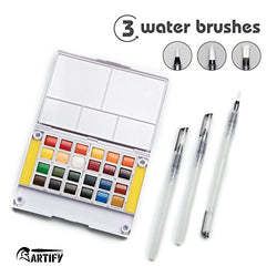 Artify Watercolor Field Sketch Set - 24 Assorted Colors with 3 Brushes - Perfect Watercolor Pan Set