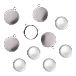 DROLE 100Pcs Bezel Pendant Blanks Kit-50Pcs Stainless Steel Pendant Trays Round Bezel with 50Pcs Glass Cabochons Clear Dome,16mm Pendant Blanks for Photo Pendant Craft Jewelry Making