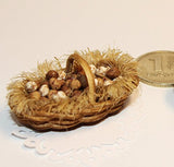 Quail eggs in a basket. Dollhouse miniature 1:12