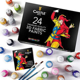 Castle Art Supplies 3D Fabric Paint Set - 24 Premium Vibrant Colors Perfect for Clothing, Canvas, Glass and Wood - Includes 3 Brushes - 29ml per Bottle, Non Toxic, Safe for Children