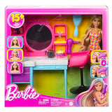 Barbie Doll and Hair Salon Playset, Long Color-Change Hair, Houndstooth-Print Dress, 15 Styling Accessories