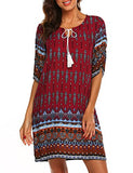 Women's Bohemian Vintage Floral Printed Loose Casual Boho Tunic Dress Wine Red,M
