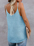PLMOKEN Women's Fashion Summer Casual Sleeveless Shirt Sexy Scoop Neck Striped Cute Basic Loose Tank Tops(Light Blue,L)