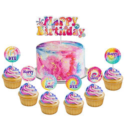 WATINC 25pcs Tie Dye Happy Birthday Cake Toppers Set, Art Retro 60s Themed Hippie Birthday Party Cup Cake Decoration Topper for Children Adults, Birthday Party Table Toppers Decor Baby Shower Supplies
