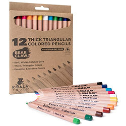 Koala Tools - Bear Claw Colored Pencils for Adults and Kids, Water Soluble Color Pencils with Triangular Grip for Art and Shading, Large Coloring Pencils, Pack of 12