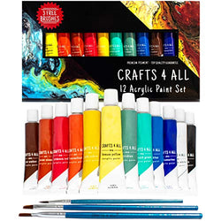 Acrylic Paint Set 12 Colors by Crafts 4 ALL Perfect for Canvas, Wood, Ceramic, Fabric. Non Toxic & Vibrant Colors. Rich Pigments Lasting Quality for Beginners, Students & Professional Artist
