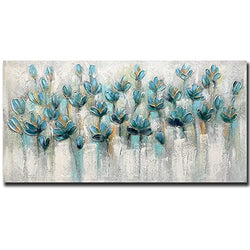 Yotree Paintings - 24x48 Inch 3D Oil Paintings on Canvas Blue Flowering Shrubs Heavy Texture Acrylic Painting Wall Art Wall Decoration Wood Inside Framed Hanging Ready to Hang