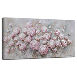 Anolyfi Pink Rose Canvas Wall Art Flowers Blossom Colorful Florals Painting Hand Painted Textures Picture Silver Foil Artwork Framed for Living Room Bathroom Bedroom Office Home Wall Decor 48"x24"