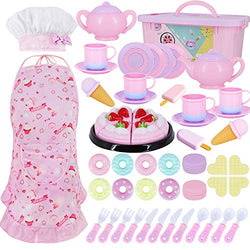 Toy Kitchen Pretend Play Set Play Food Toy Set for Kids 54 PCS with Tea Toy for Party Accessories,Chef Hat and Matching Pink Apron for for Kids,Toddler Toy Gift