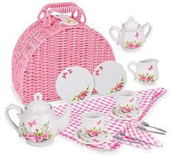 Jewelkeeper Porcelain Tea Set for Little Girls with Pink Picnic Basket, Floral Design, 18 Pieces